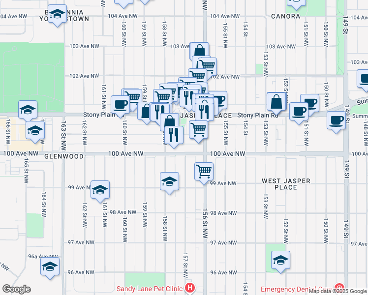map of restaurants, bars, coffee shops, grocery stores, and more near 15628 100 Avenue Northwest in Edmonton