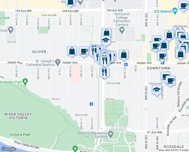 map of restaurants, bars, coffee shops, grocery stores, and more near 10910 100 Avenue Northwest in Edmonton