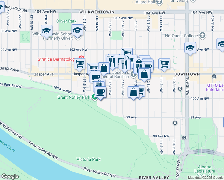 map of restaurants, bars, coffee shops, grocery stores, and more near 10030 114 Street Northwest in Edmonton