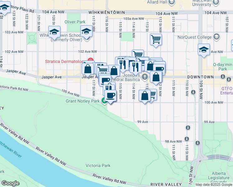 map of restaurants, bars, coffee shops, grocery stores, and more near 10020 115 Street Northwest in Edmonton