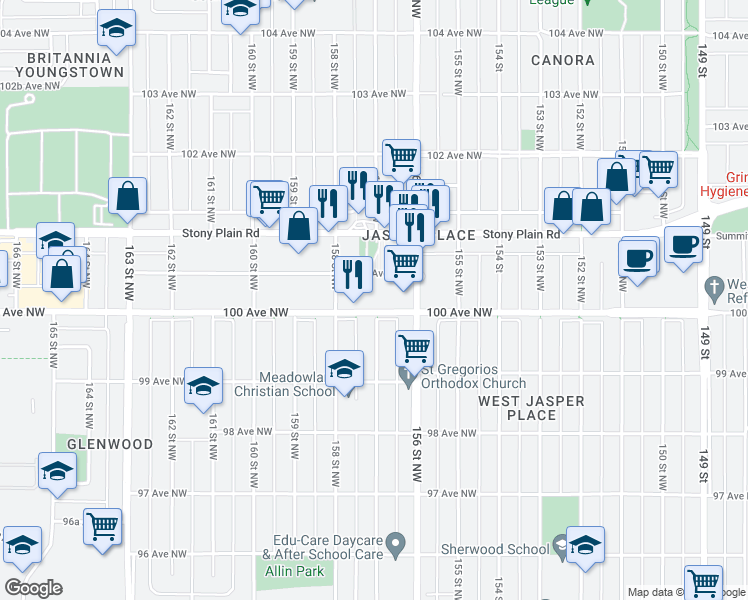 map of restaurants, bars, coffee shops, grocery stores, and more near 15628 100 Avenue Northwest in Edmonton