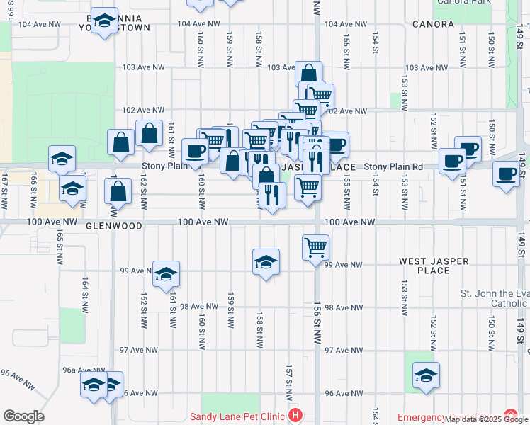 map of restaurants, bars, coffee shops, grocery stores, and more near 15738 100 Avenue Northwest in Edmonton