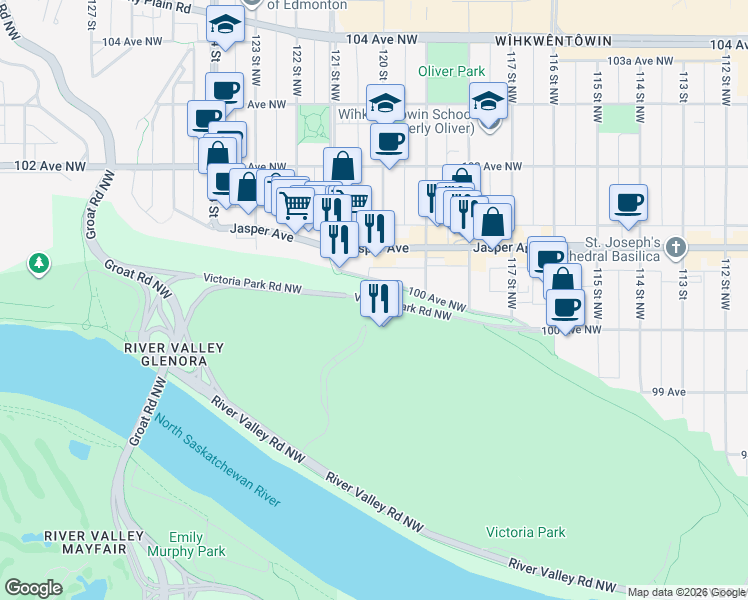 map of restaurants, bars, coffee shops, grocery stores, and more near Victoria Park Road Northwest in Edmonton