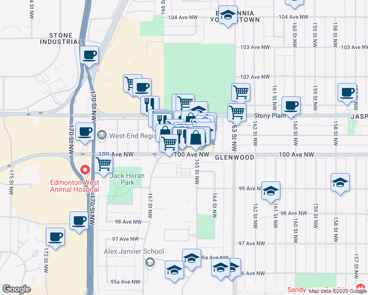 map of restaurants, bars, coffee shops, grocery stores, and more near 16520 100 Avenue Northwest in Edmonton