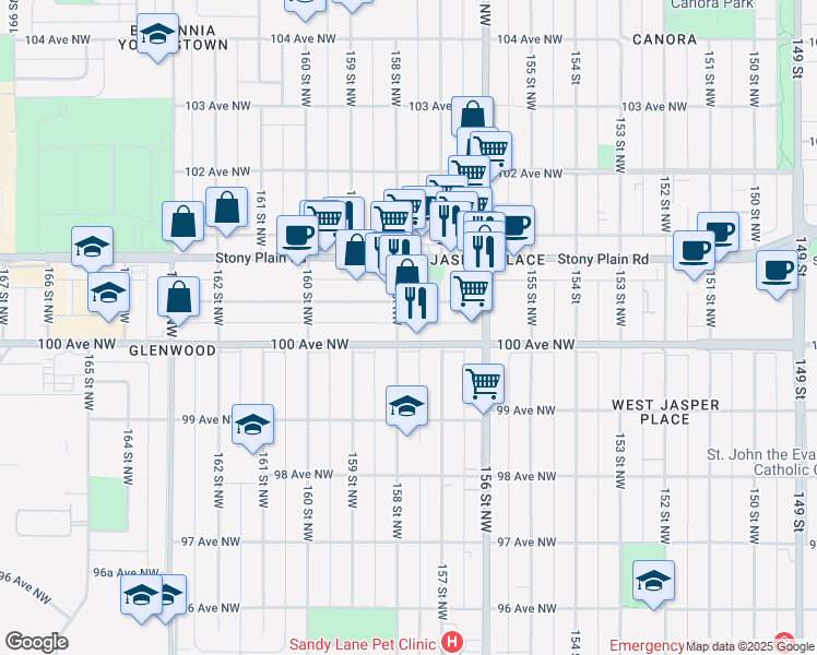 map of restaurants, bars, coffee shops, grocery stores, and more near 15738 100 Avenue Northwest in Edmonton