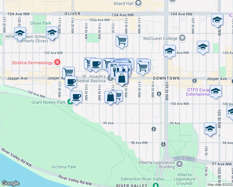 map of restaurants, bars, coffee shops, grocery stores, and more near 10017 113 Street in Edmonton
