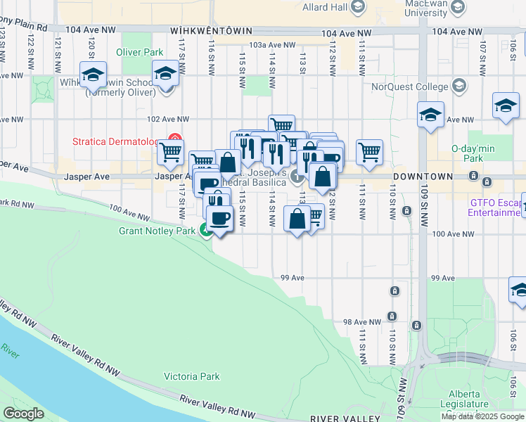 map of restaurants, bars, coffee shops, grocery stores, and more near 10030 114 Street Northwest in Edmonton