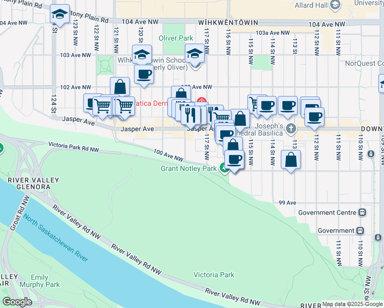 map of restaurants, bars, coffee shops, grocery stores, and more near 11716 100 Avenue Northwest in Edmonton