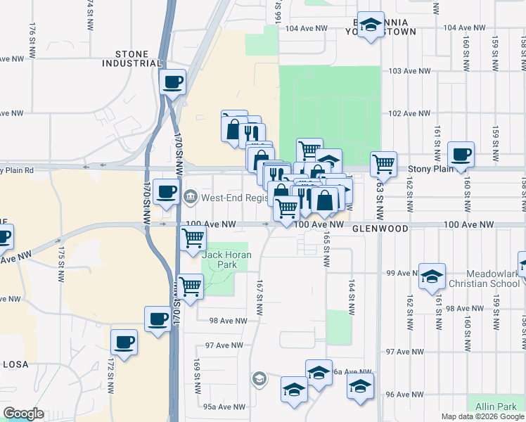 map of restaurants, bars, coffee shops, grocery stores, and more near 10004 167 Street Northwest in Edmonton