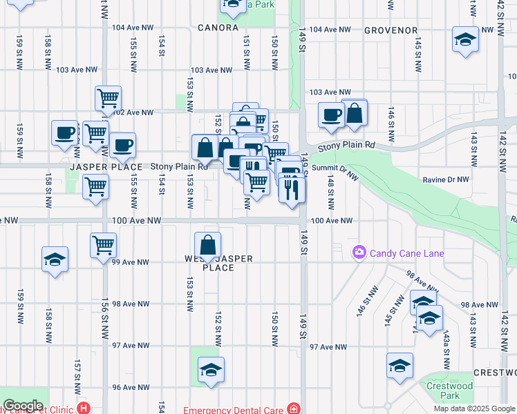 map of restaurants, bars, coffee shops, grocery stores, and more near 10008 151 Street Northwest in Edmonton