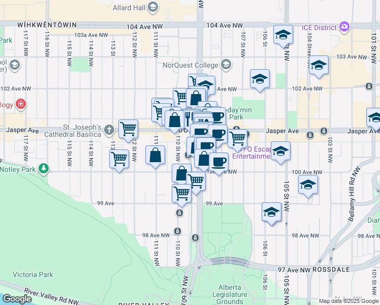 map of restaurants, bars, coffee shops, grocery stores, and more near 10910 100 Avenue Northwest in Edmonton
