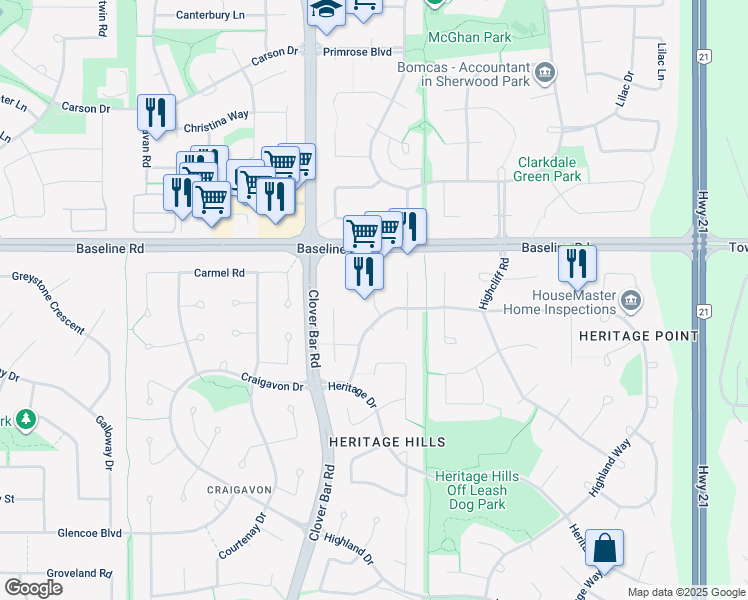 map of restaurants, bars, coffee shops, grocery stores, and more near Hampton Court in Sherwood Park