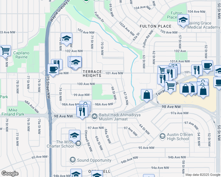 map of restaurants, bars, coffee shops, grocery stores, and more near 6859 100 Avenue Northwest in Edmonton