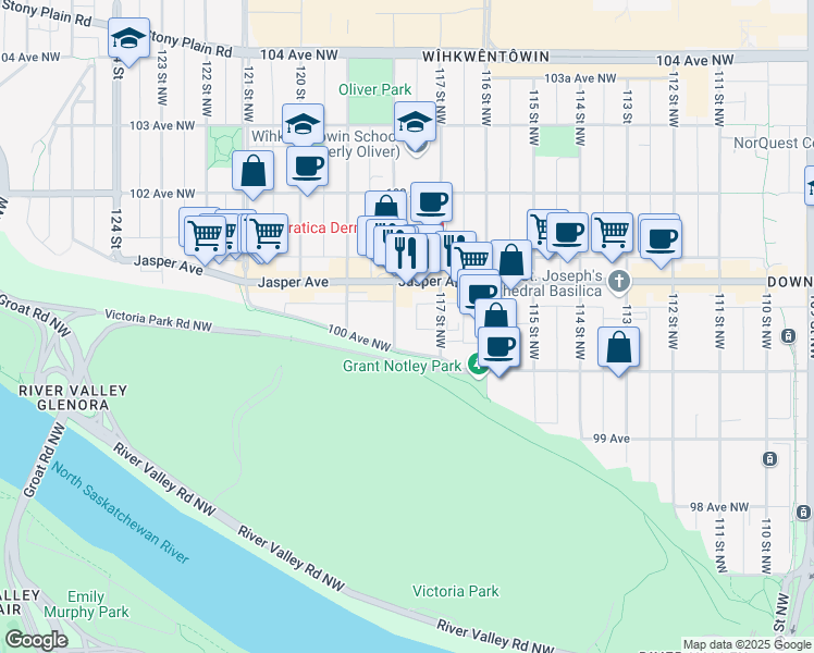 map of restaurants, bars, coffee shops, grocery stores, and more near 11716 100 Avenue Northwest in Edmonton