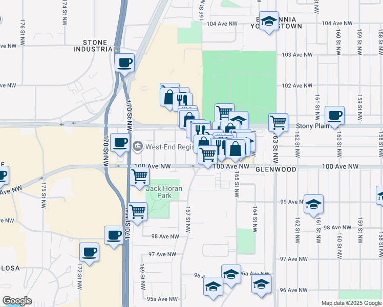 map of restaurants, bars, coffee shops, grocery stores, and more near 10004 167 Street Northwest in Edmonton