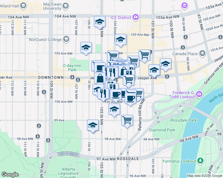 map of restaurants, bars, coffee shops, grocery stores, and more near 10019 104 Street Northwest in Edmonton