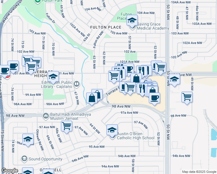 map of restaurants, bars, coffee shops, grocery stores, and more near 6015 Terrace Road Northwest in Edmonton