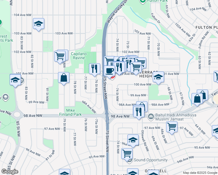 map of restaurants, bars, coffee shops, grocery stores, and more near 7404 99 Avenue Northwest in Edmonton