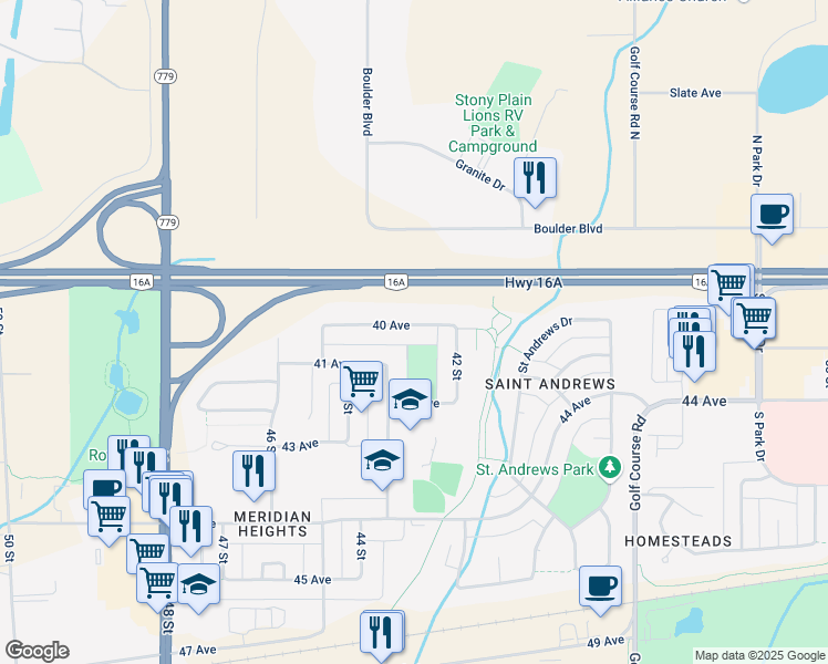 map of restaurants, bars, coffee shops, grocery stores, and more near 4218 40 Avenue in Stony Plain
