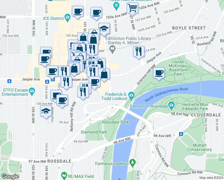 map of restaurants, bars, coffee shops, grocery stores, and more near 10035 100 Street Northwest in Edmonton