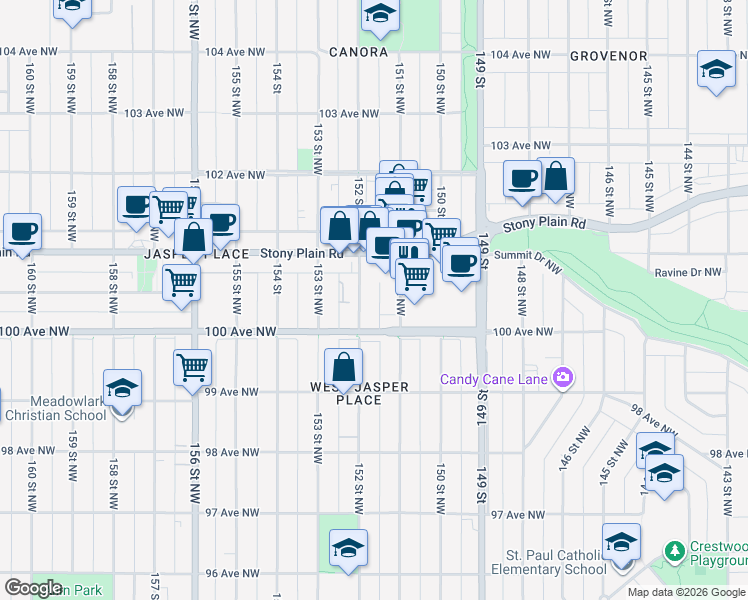 map of restaurants, bars, coffee shops, grocery stores, and more near 10025 152 Street Northwest in Edmonton