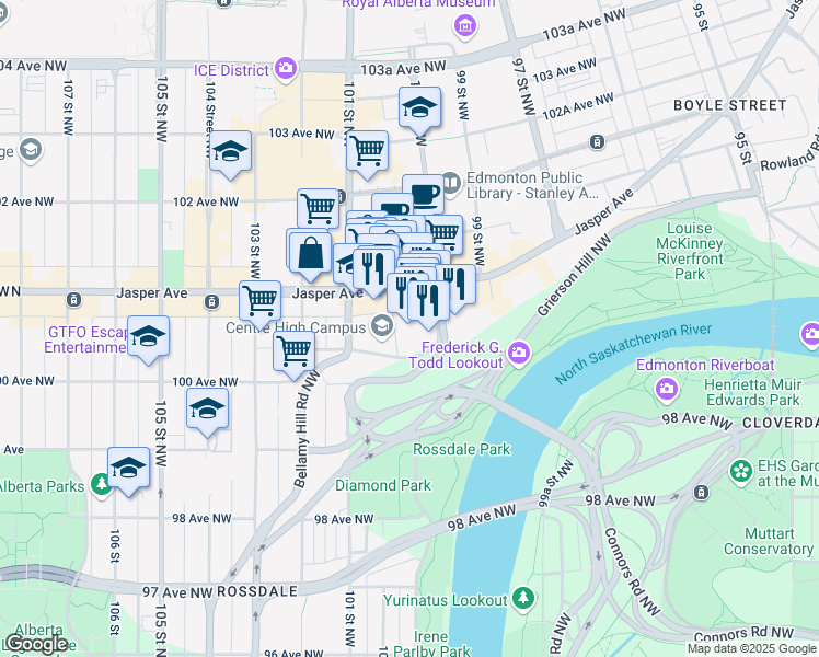 map of restaurants, bars, coffee shops, grocery stores, and more near 10020 100 Street Northwest in Edmonton