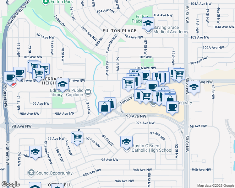 map of restaurants, bars, coffee shops, grocery stores, and more near 6203 100 Avenue Northwest in Edmonton