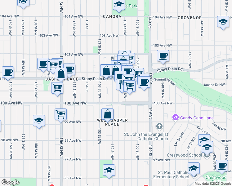 map of restaurants, bars, coffee shops, grocery stores, and more near 15118 100 Avenue Northwest in Edmonton