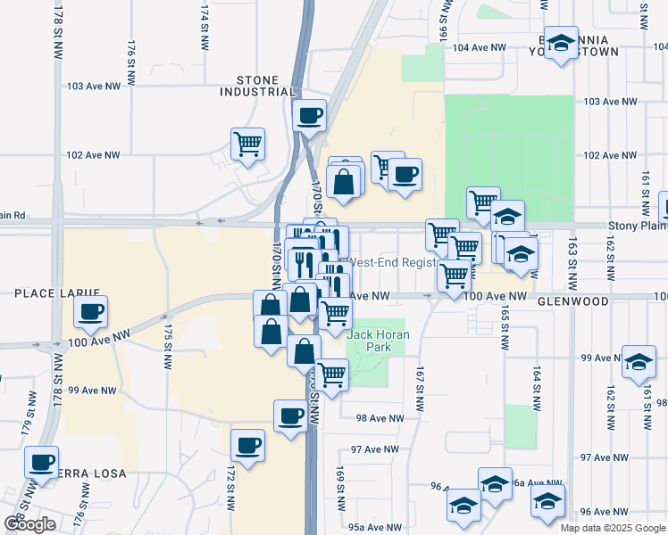 map of restaurants, bars, coffee shops, grocery stores, and more near 10005 170 Street Northwest in Edmonton