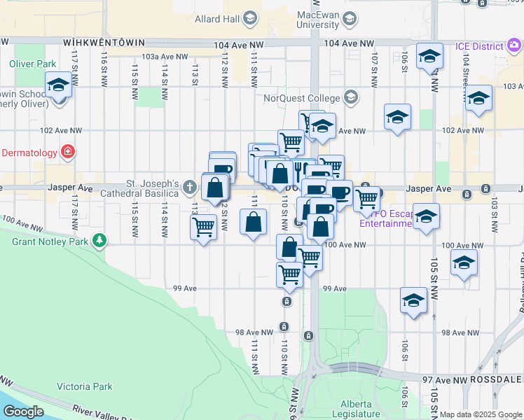 map of restaurants, bars, coffee shops, grocery stores, and more near 10045 111 Street Northwest in Edmonton