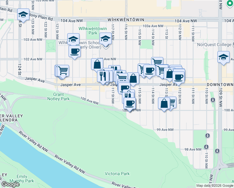 map of restaurants, bars, coffee shops, grocery stores, and more near in Edmonton