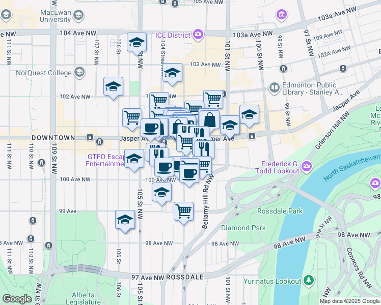 map of restaurants, bars, coffee shops, grocery stores, and more near in Edmonton