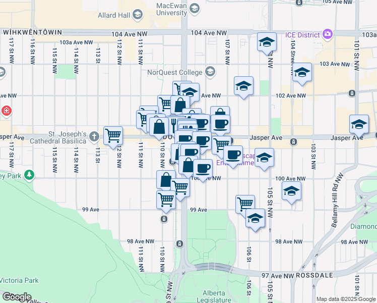 map of restaurants, bars, coffee shops, grocery stores, and more near 10820 100 Avenue Northwest in Edmonton