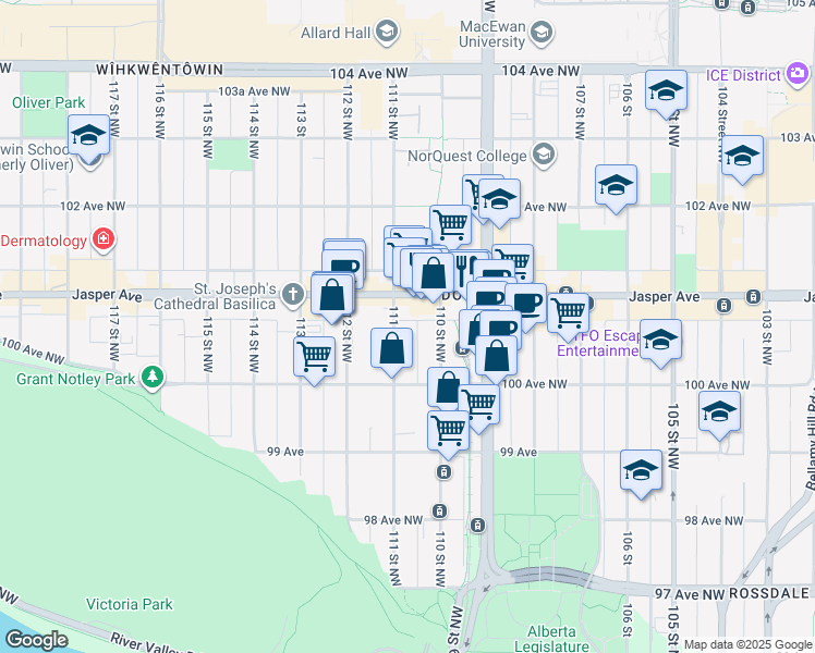 map of restaurants, bars, coffee shops, grocery stores, and more near in Edmonton