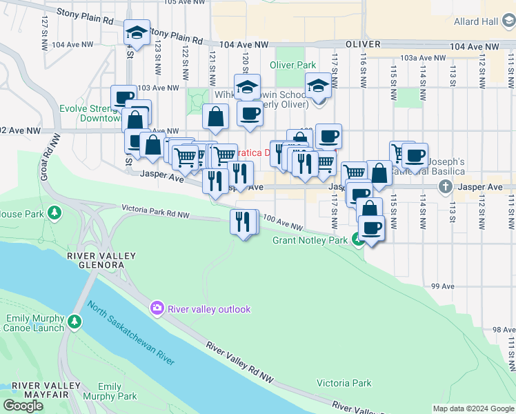 map of restaurants, bars, coffee shops, grocery stores, and more near in Edmonton