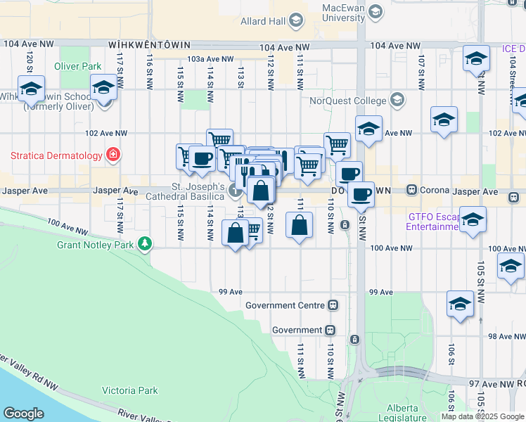 map of restaurants, bars, coffee shops, grocery stores, and more near 10018 112 Street Northwest in Edmonton