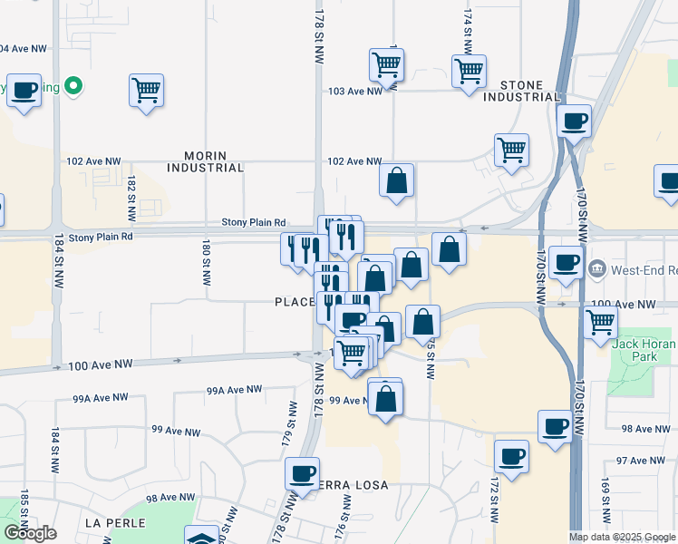map of restaurants, bars, coffee shops, grocery stores, and more near 17635 Stony Plain Road Northwest in Edmonton