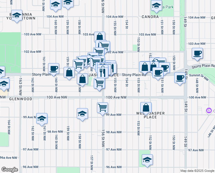 map of restaurants, bars, coffee shops, grocery stores, and more near 10045 156 Street Northwest in Edmonton