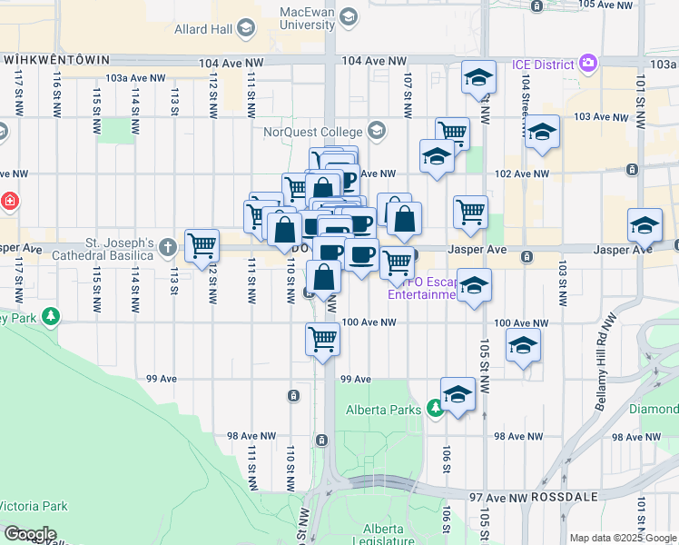 map of restaurants, bars, coffee shops, grocery stores, and more near in Edmonton