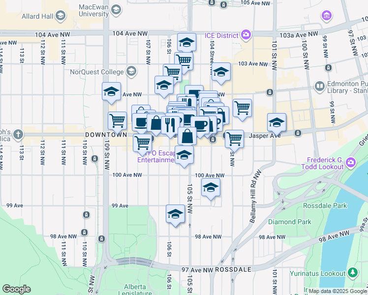 map of restaurants, bars, coffee shops, grocery stores, and more near 10534 Jasper Avenue in Edmonton