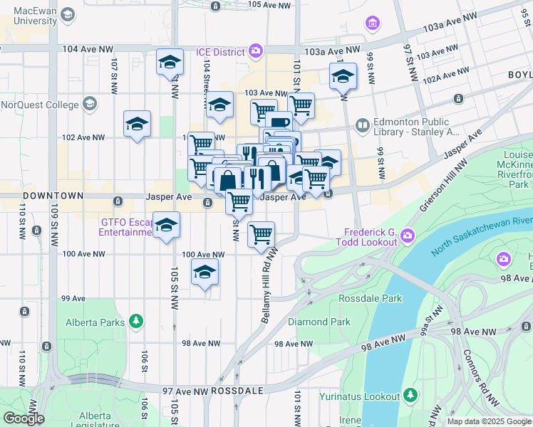 map of restaurants, bars, coffee shops, grocery stores, and more near 10230 Jasper Avenue in Edmonton
