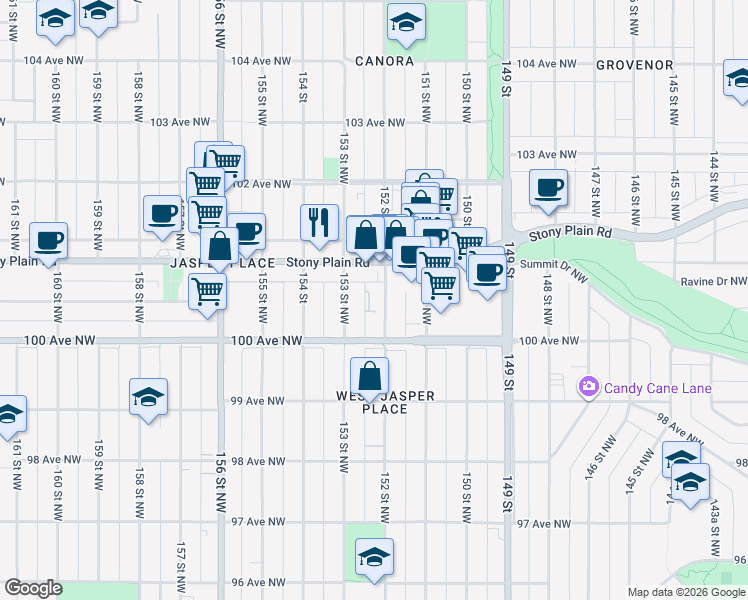 map of restaurants, bars, coffee shops, grocery stores, and more near 15229 Stony Plain Road in Edmonton