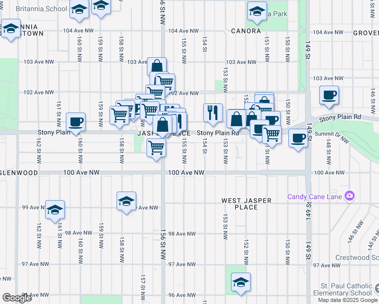 map of restaurants, bars, coffee shops, grocery stores, and more near 15445 Stony Plain Road in Edmonton