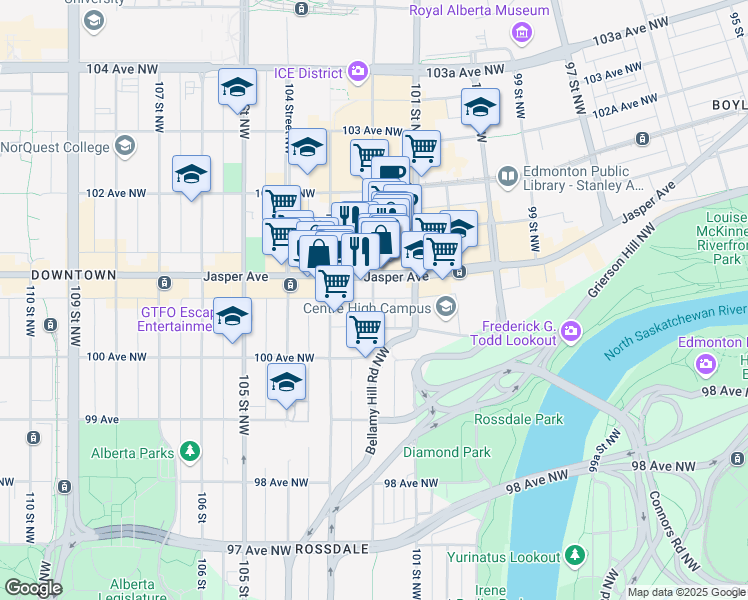 map of restaurants, bars, coffee shops, grocery stores, and more near in Edmonton