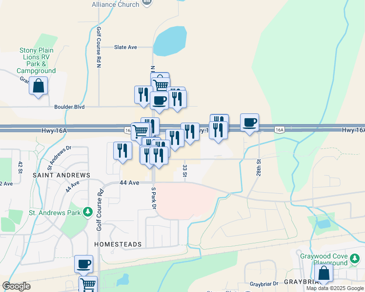 map of restaurants, bars, coffee shops, grocery stores, and more near 3301 43 Avenue in Stony Plain