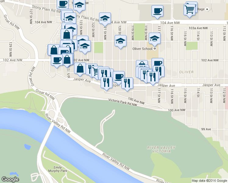 map of restaurants, bars, coffee shops, grocery stores, and more near in Edmonton
