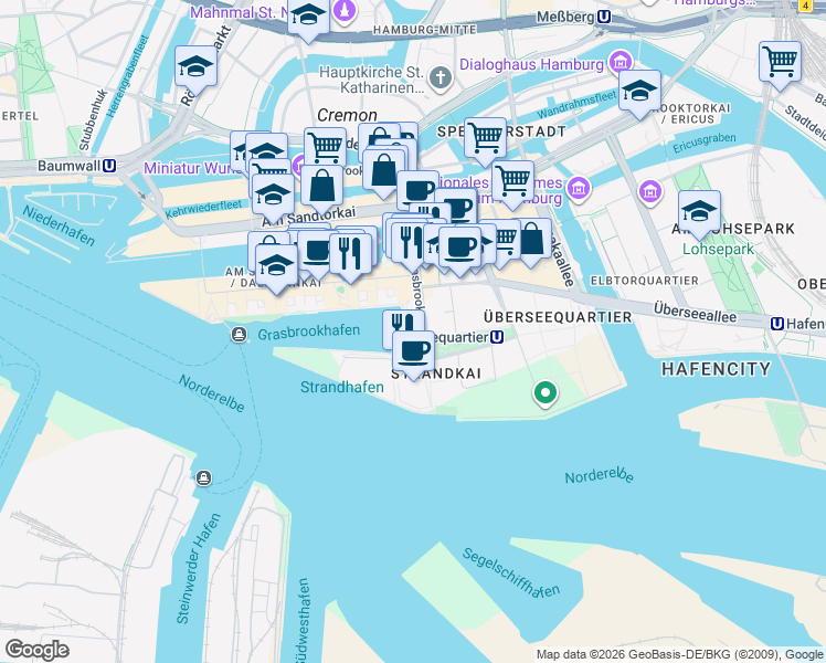 map of restaurants, bars, coffee shops, grocery stores, and more near Marco-Polo-Terrassen in Hamburg