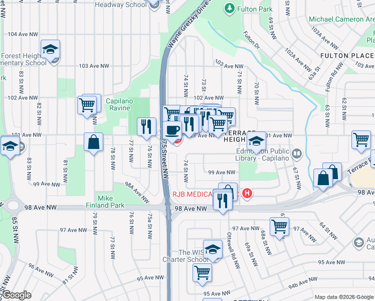 map of restaurants, bars, coffee shops, grocery stores, and more near 7324 100 Avenue Northwest in Edmonton