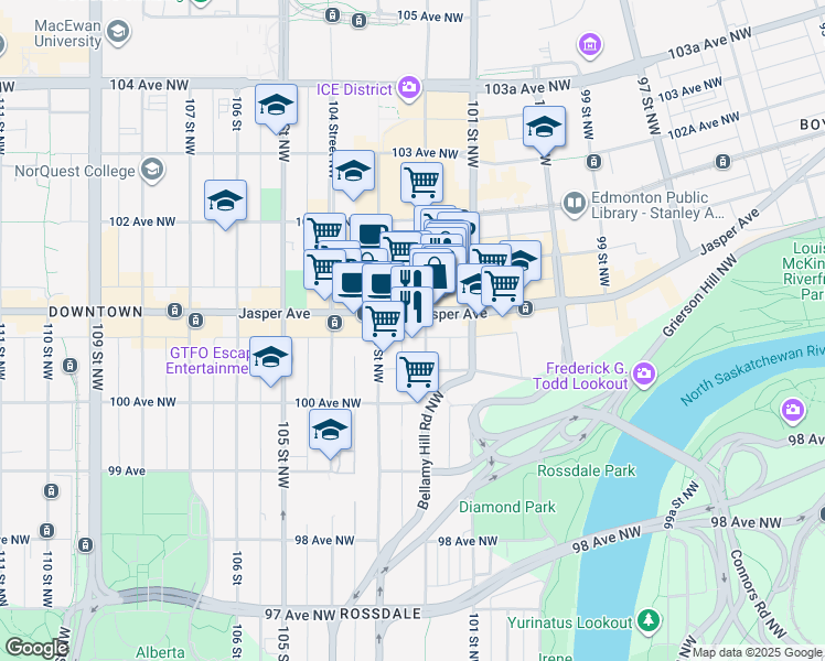 map of restaurants, bars, coffee shops, grocery stores, and more near 10230 Jasper Avenue in Edmonton