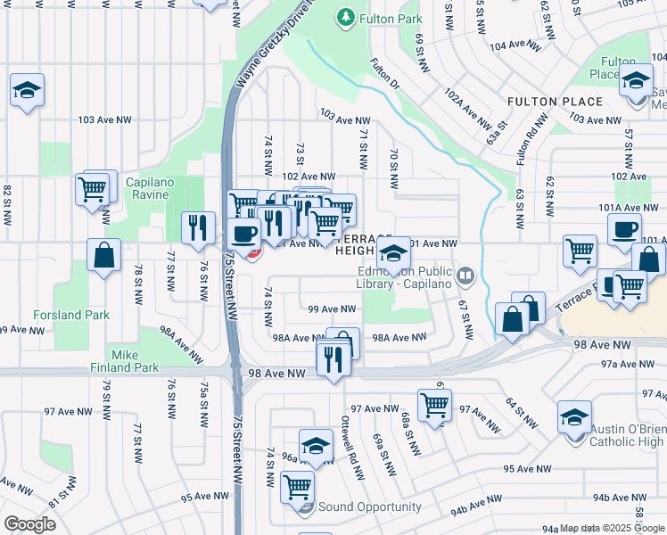 map of restaurants, bars, coffee shops, grocery stores, and more near 7124 100 Avenue Northwest in Edmonton